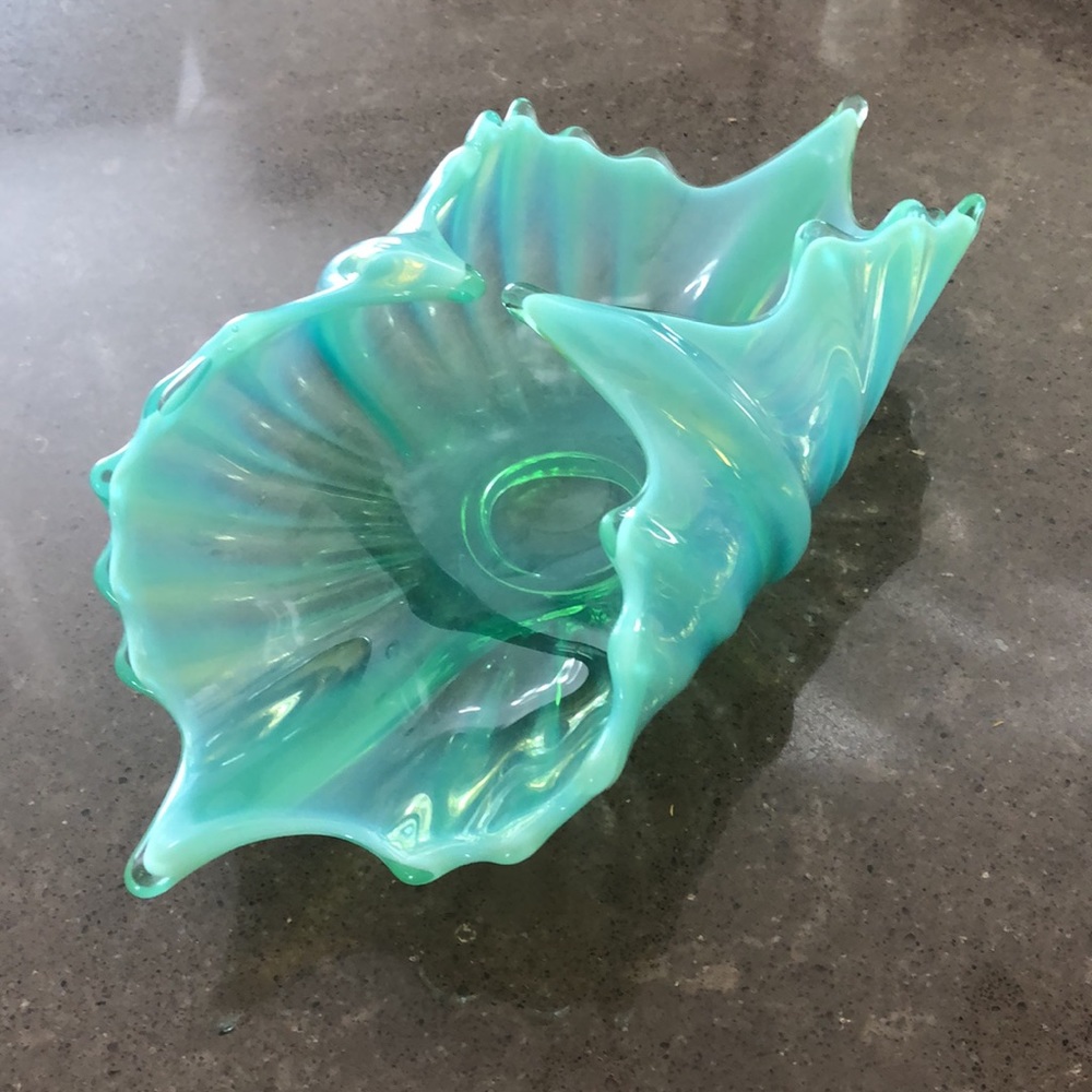 Vintage Fostoria Heirloom Blue green Glass basket Console Dish opalescent mcm